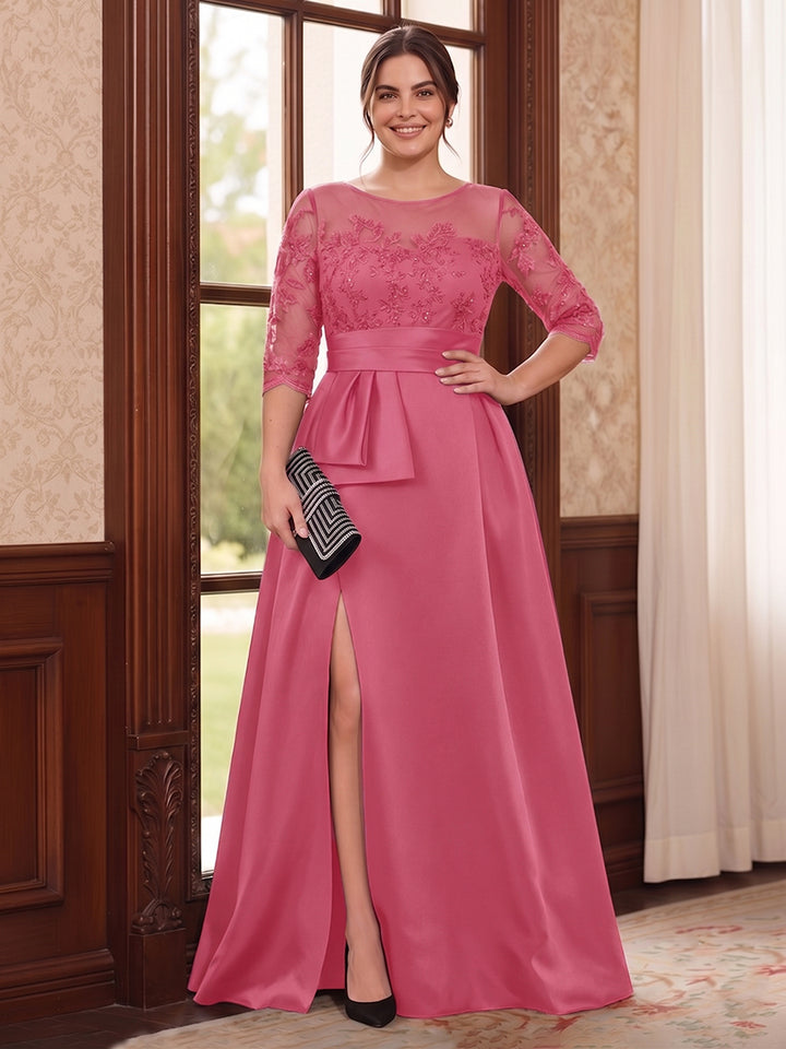 A-Line/Princess Scoop 3/4 Sleeves Floor-Length Plus Size Mother of the Bride Dresses with Split Side &amp; Applique