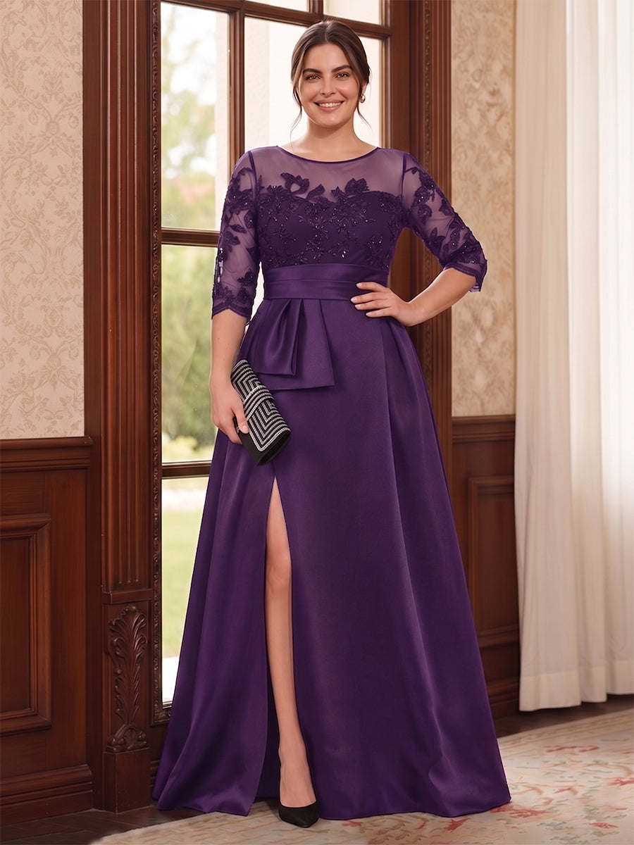 A-Line/Princess Scoop 3/4 Sleeves Floor-Length Plus Size Mother of the Bride Dresses with Split Side &amp; Applique