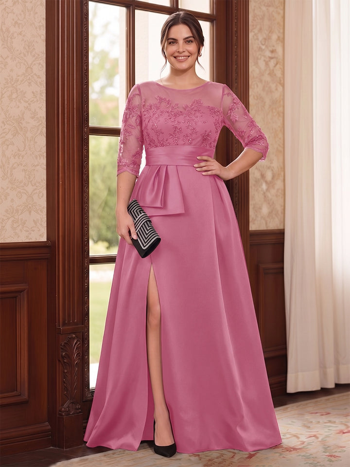 A-Line/Princess Scoop 3/4 Sleeves Floor-Length Plus Size Mother of the Bride Dresses with Split Side &amp; Applique