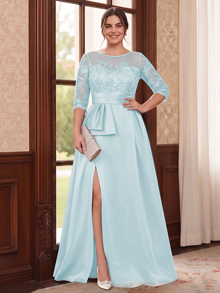A-Line/Princess Scoop 3/4 Sleeves Floor-Length Plus Size Mother of the Bride Dresses with Split Side &amp; Applique