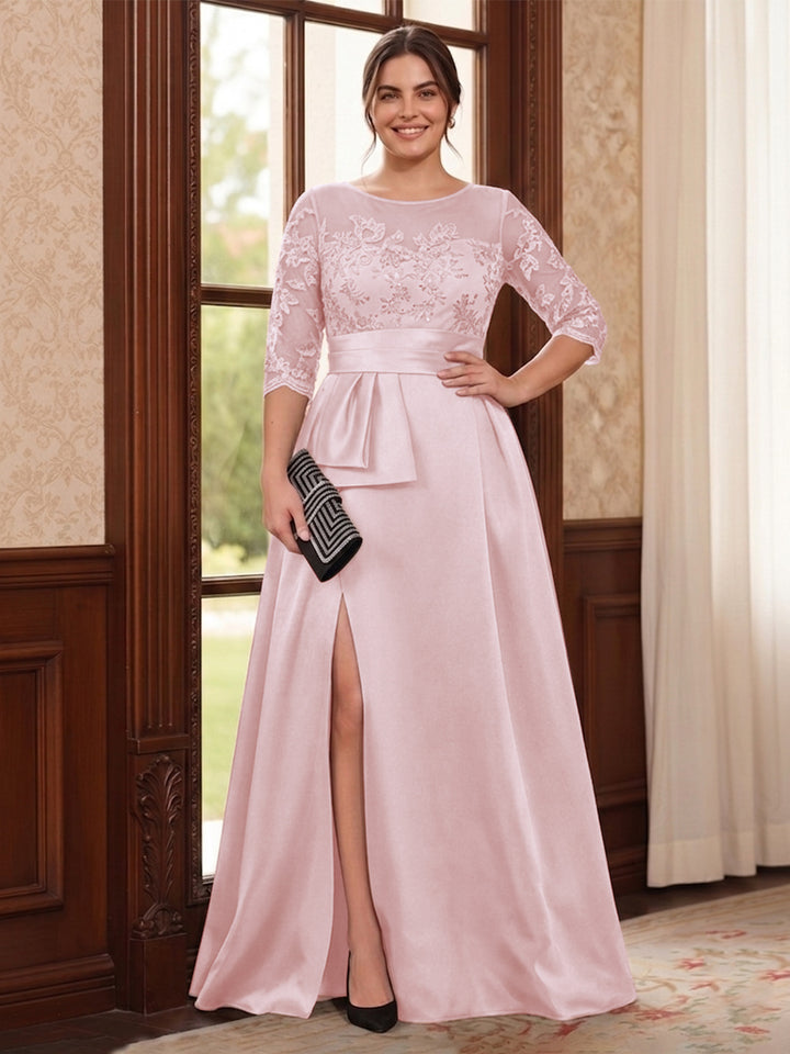 A-Line/Princess Scoop 3/4 Sleeves Floor-Length Plus Size Mother of the Bride Dresses with Split Side &amp; Applique