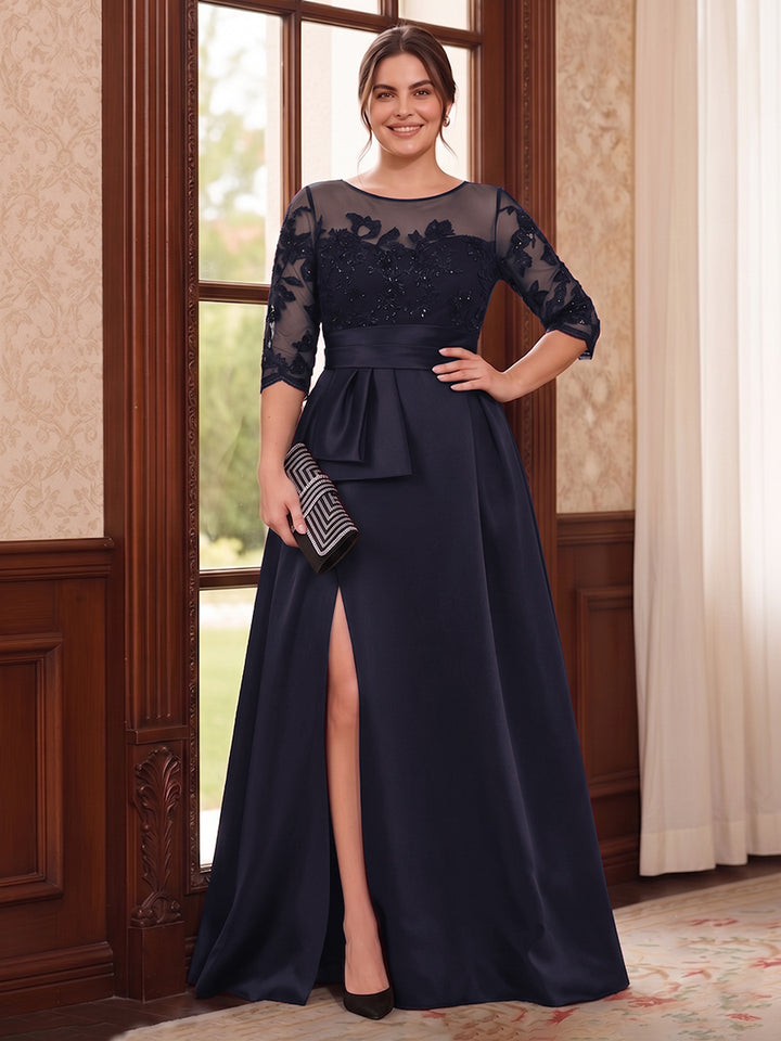 A-Line/Princess Scoop 3/4 Sleeves Floor-Length Plus Size Mother of the Bride Dresses with Split Side &amp; Applique
