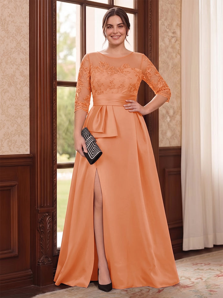 A-Line/Princess Scoop 3/4 Sleeves Floor-Length Plus Size Mother of the Bride Dresses with Split Side &amp; Applique