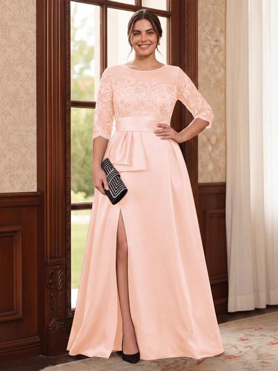 A-Line/Princess Scoop 3/4 Sleeves Floor-Length Plus Size Mother of the Bride Dresses with Split Side &amp; Applique