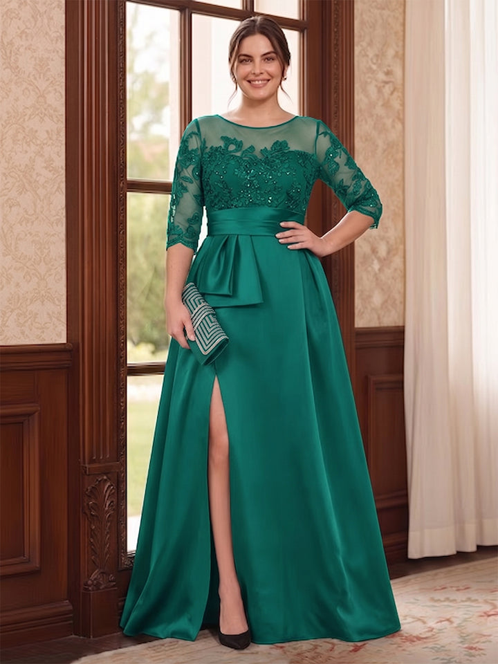 A-Line/Princess Scoop 3/4 Sleeves Floor-Length Plus Size Mother of the Bride Dresses with Split Side &amp; Applique