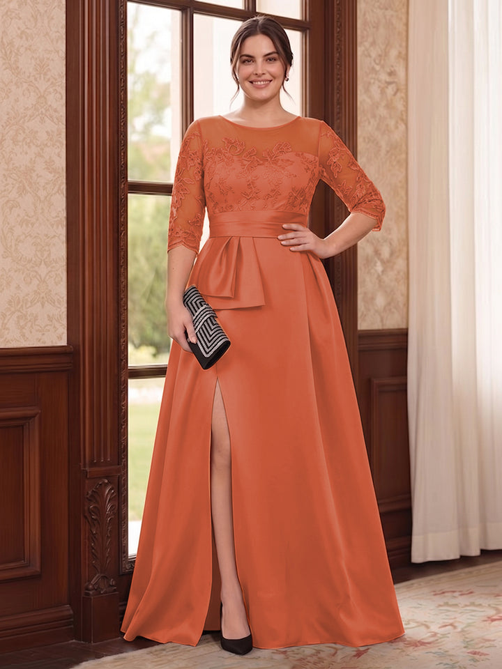 A-Line/Princess Scoop 3/4 Sleeves Floor-Length Plus Size Mother of the Bride Dresses with Split Side &amp; Applique