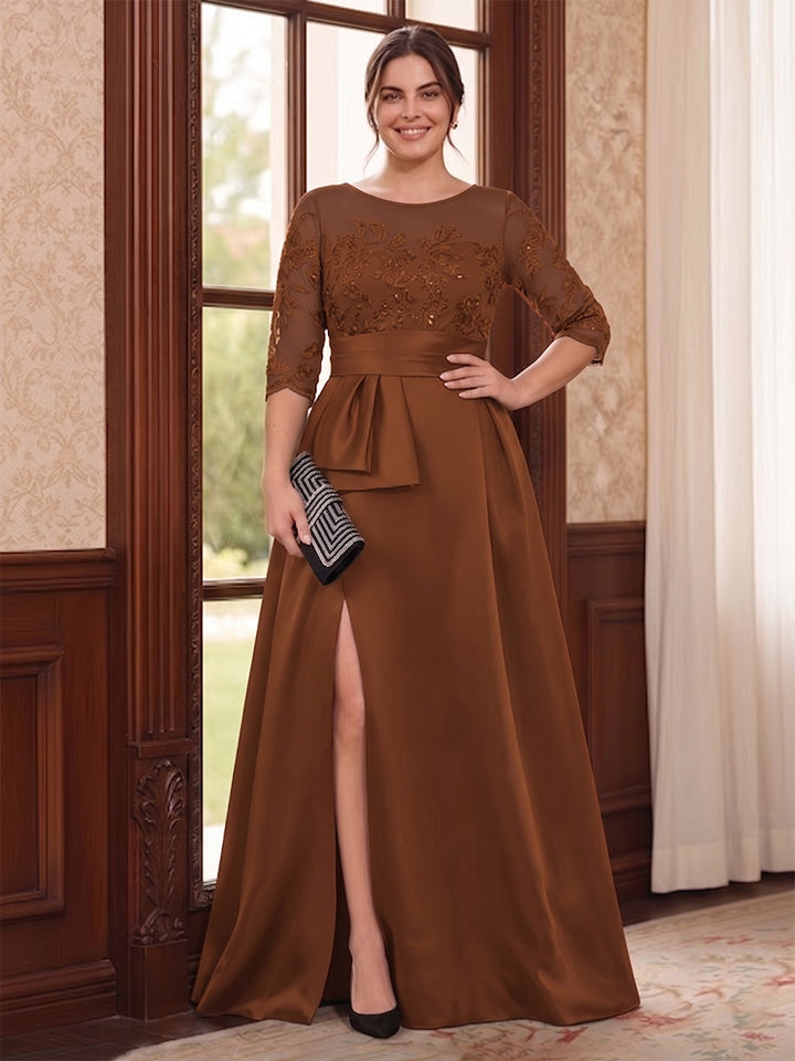 A-Line/Princess Scoop 3/4 Sleeves Floor-Length Plus Size Mother of the Bride Dresses with Split Side &amp; Applique