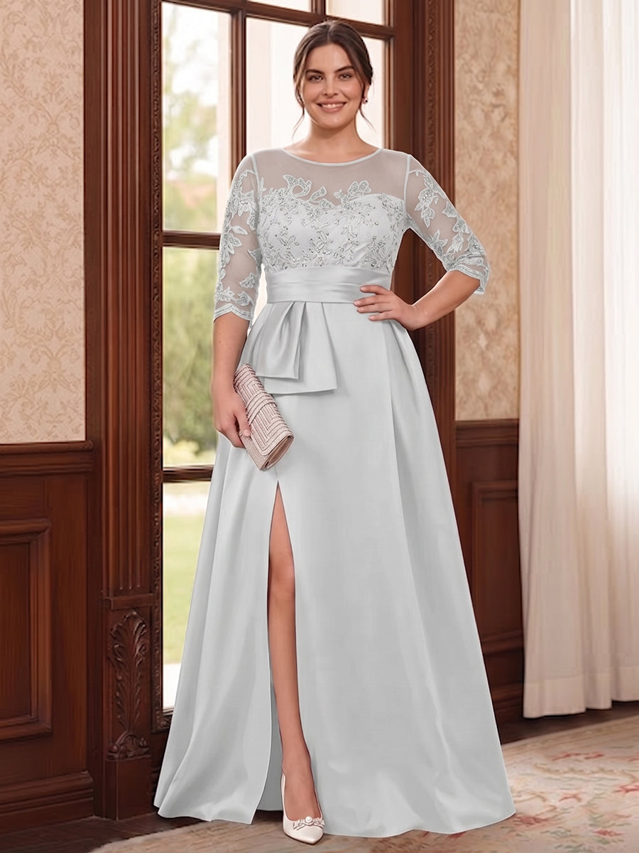 A-Line/Princess Scoop 3/4 Sleeves Floor-Length Plus Size Mother of the Bride Dresses with Split Side &amp; Applique
