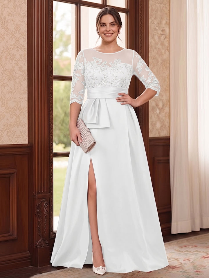A-Line/Princess Scoop 3/4 Sleeves Floor-Length Plus Size Mother of the Bride Dresses with Split Side &amp; Applique