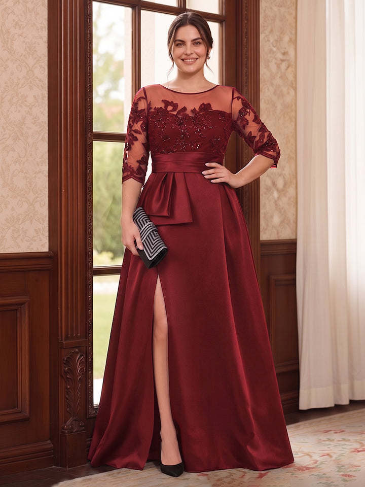 A-Line/Princess Scoop 3/4 Sleeves Floor-Length Plus Size Mother of the Bride Dresses with Split Side &amp; Applique