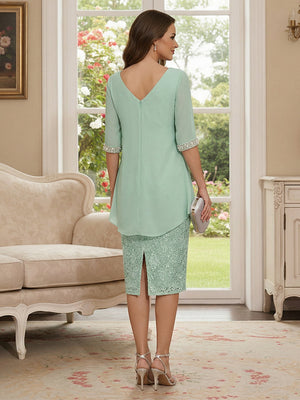 Sheath/Column Scoop Half Sleeves Knee Length Mother of the Bride Dresses with Lace & Ruched