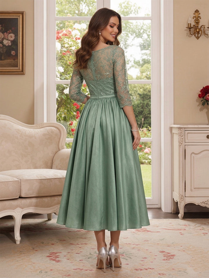 A-Line/Princess Scoop 3/4 Sleeves Tea Length Mother of the Bride Dresses with Applique &amp; Beading