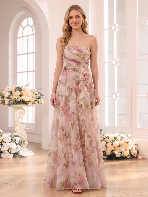A-Line/Princess Strapless Sleeveless Floor-Length Bridesmaid Dresses with 3D Floral & Ruffles
