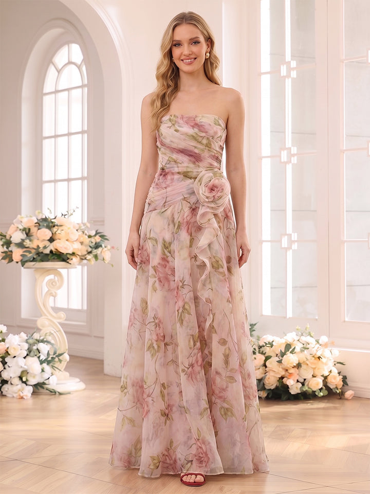 A-Line/Princess Strapless Sleeveless Floor-Length Bridesmaid Dresses with 3D Floral &amp; Ruffles