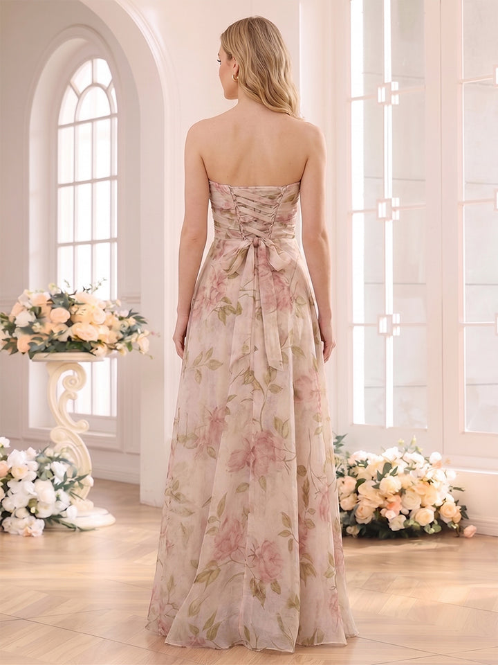 A-Line/Princess Strapless Sleeveless Floor-Length Bridesmaid Dresses with 3D Floral &amp; Ruffles