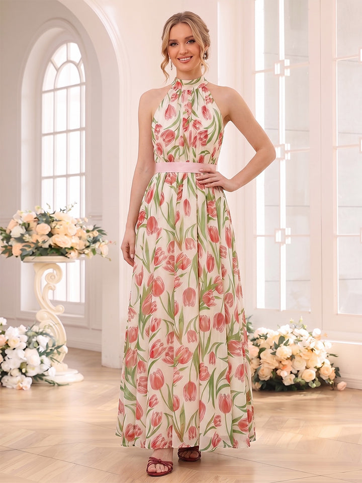 A-Line/Princess Halter Sleeveless Ankle-Length Bridesmaid Dresses with Ruched &amp; Belt
