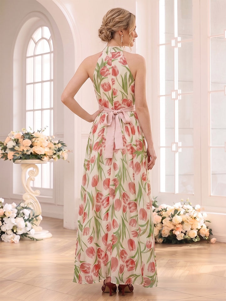 A-Line/Princess Halter Sleeveless Ankle-Length Bridesmaid Dresses with Ruched &amp; Belt