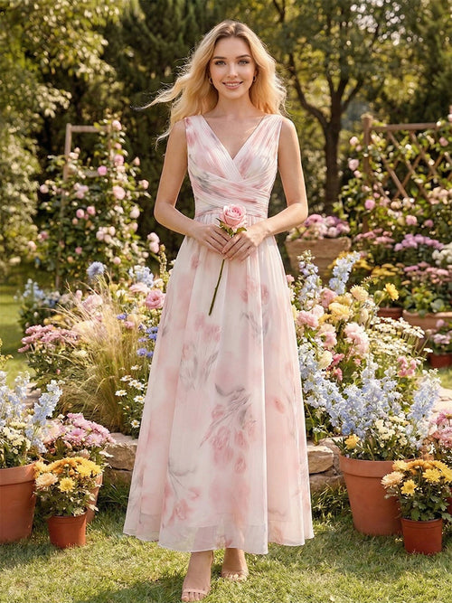 A-Line/Princess V Neck Sleeveless Floor-Length Bridesmaid Dresses with Ruched