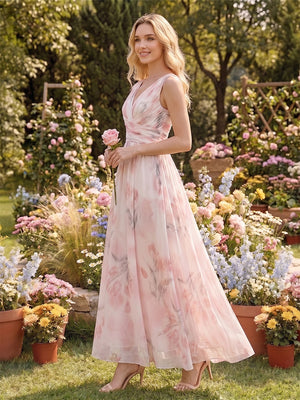 A-Line/Princess V Neck Sleeveless Floor-Length Bridesmaid Dresses with Ruched