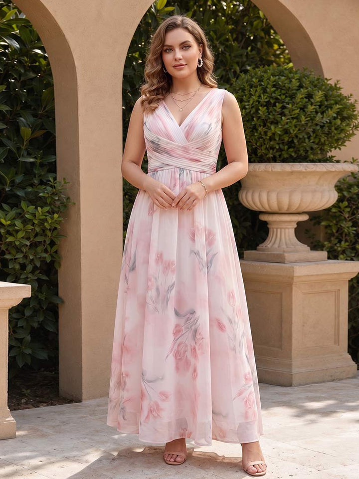 A-Line/Princess V Neck Sleeveless Floor-Length Plus Size Bridesmaid Dresses with Ruched
