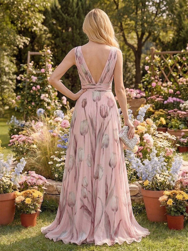 pink floral bridesmaid dresses long V Neck Sleeveless Pink Floral Formal Bridesmaid Dresses Pink / Floor Length / US24