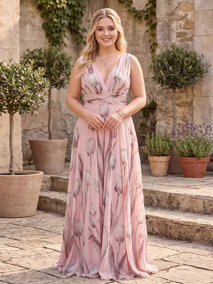 A-Line/Princess V Neck Sleeveless Floor-Length Plus Size Bridesmaid Dresses with Ruched