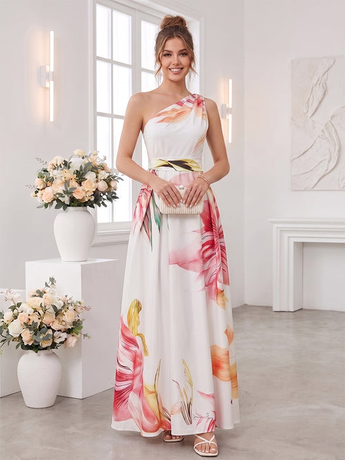 A-Line/Princess One Shoulder Sleeveless Floor-Length Bridesmaid Dresses with Ruched & Pockets