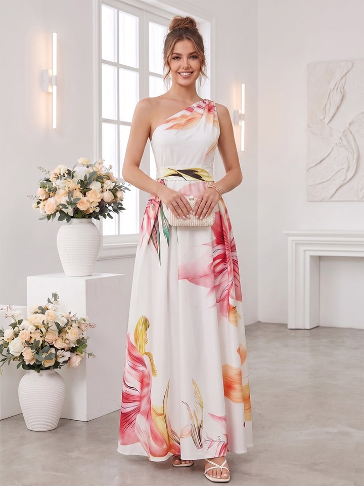 A-Line/Princess One Shoulder Sleeveless Floor-Length Bridesmaid Dresses with Ruched &amp; Pockets