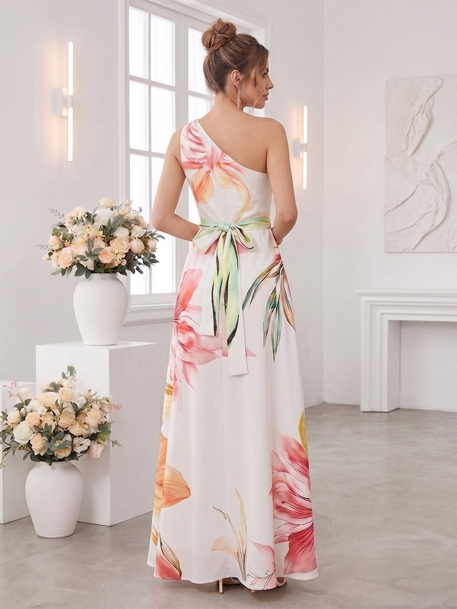 A-Line/Princess One Shoulder Sleeveless Floor-Length Bridesmaid Dresses with Ruched &amp; Pockets