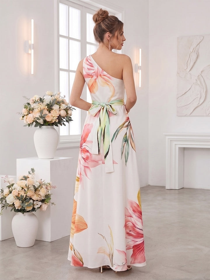 A-Line/Princess One Shoulder Sleeveless Floor-Length Bridesmaid Dresses with Ruched &amp; Pockets