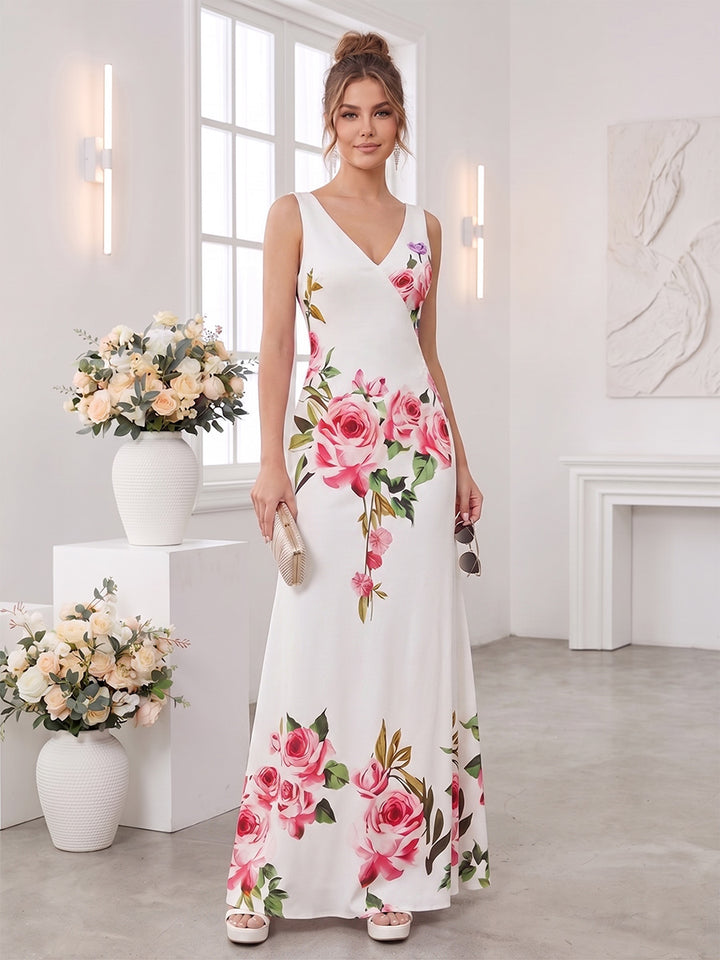 Trumpet/Mermaid V Neck Sleeveless Floor-Length Bridesmaid Dresses with Bowknot