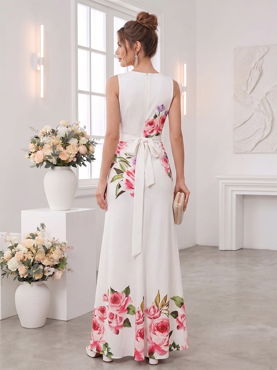 Trumpet/Mermaid V Neck Sleeveless Floor-Length Bridesmaid Dresses with Bowknot
