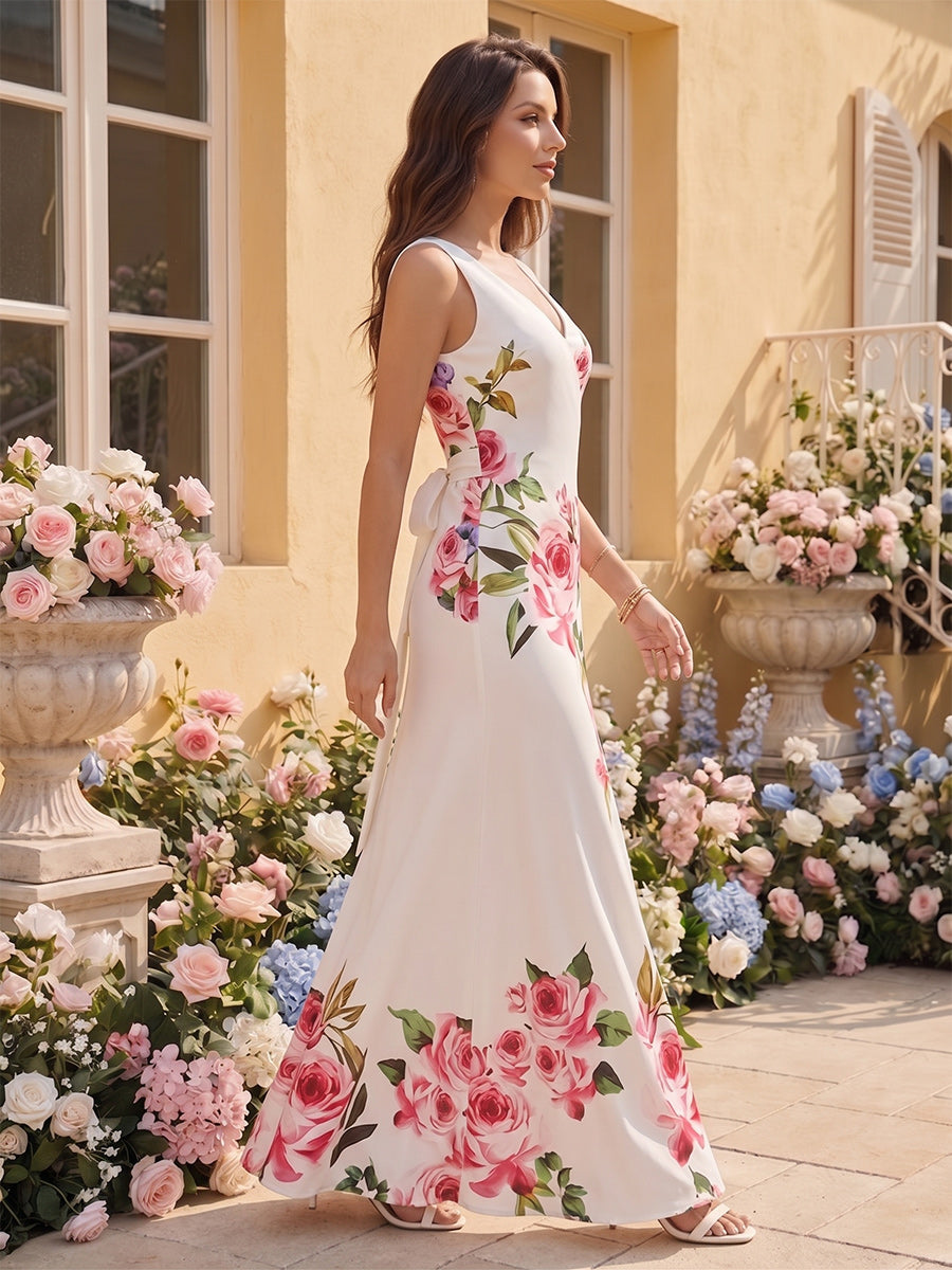 Trumpet/Mermaid V Neck Sleeveless Floor-Length Bridesmaid Dresses with Bowknot