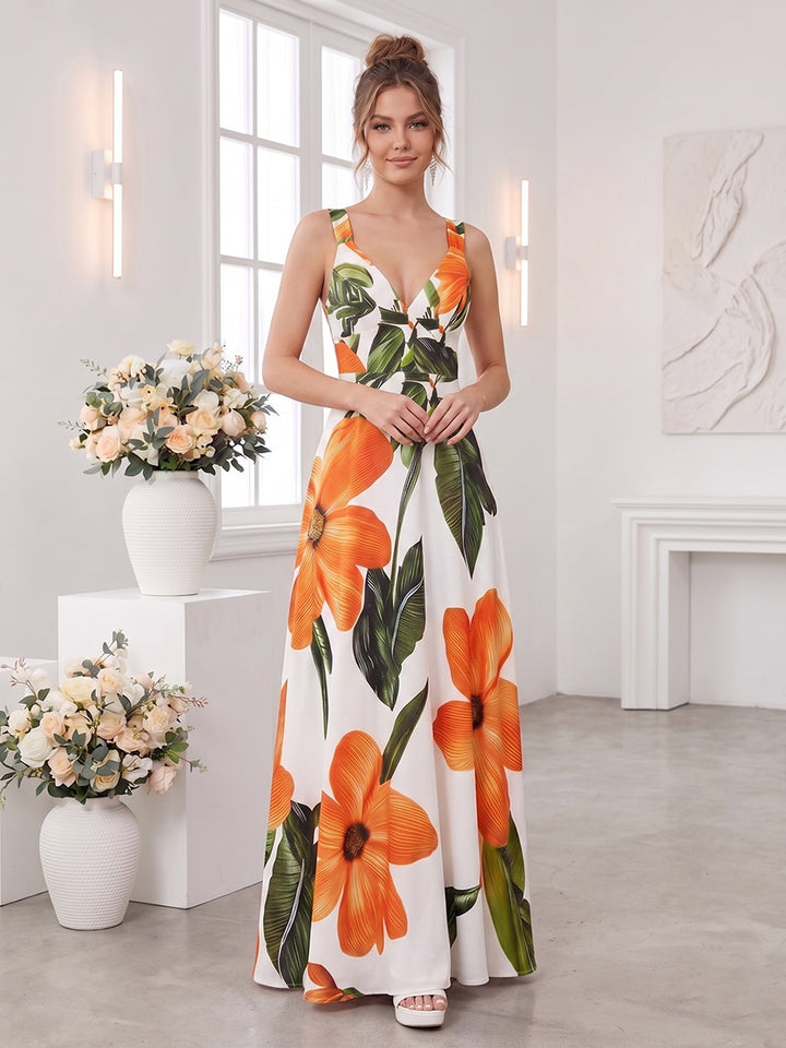 A-Line/Princess V Neck Sleeveless Floor-Length Bridesmaid Dresses with Ruched &amp; Pockets