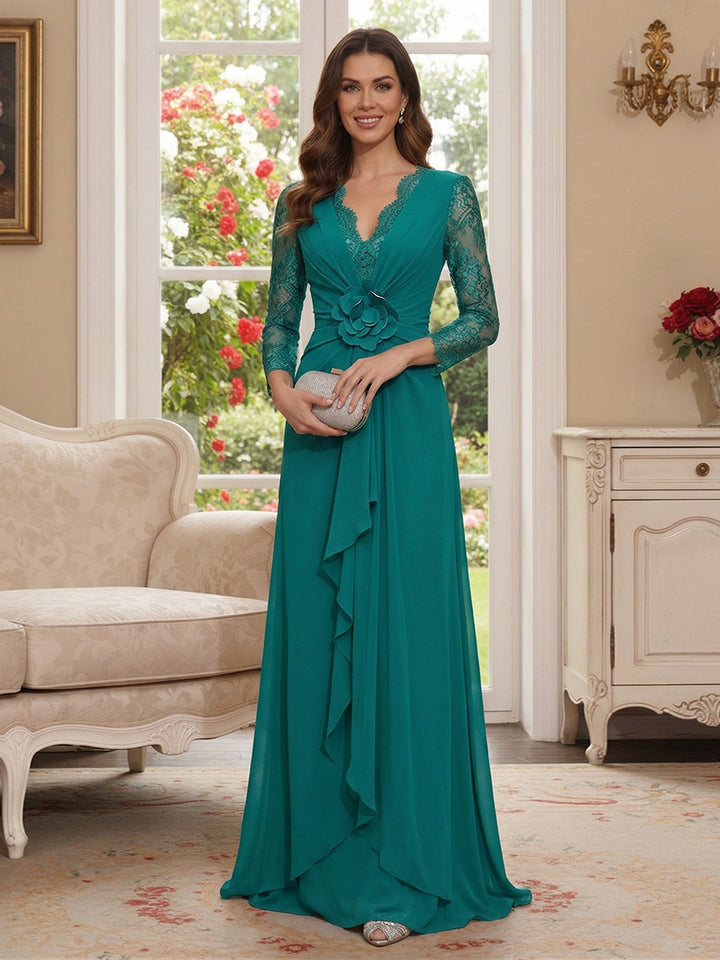 A-Line/Princess V-Neck 3/4 Sleeves Floor-Length Mother of the Bride Dresses with Ruffles &amp; Lace