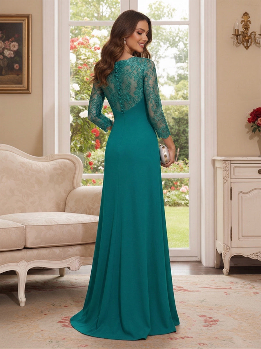 A-Line/Princess V-Neck 3/4 Sleeves Floor-Length Mother of the Bride Dresses with Ruffles &amp; Lace