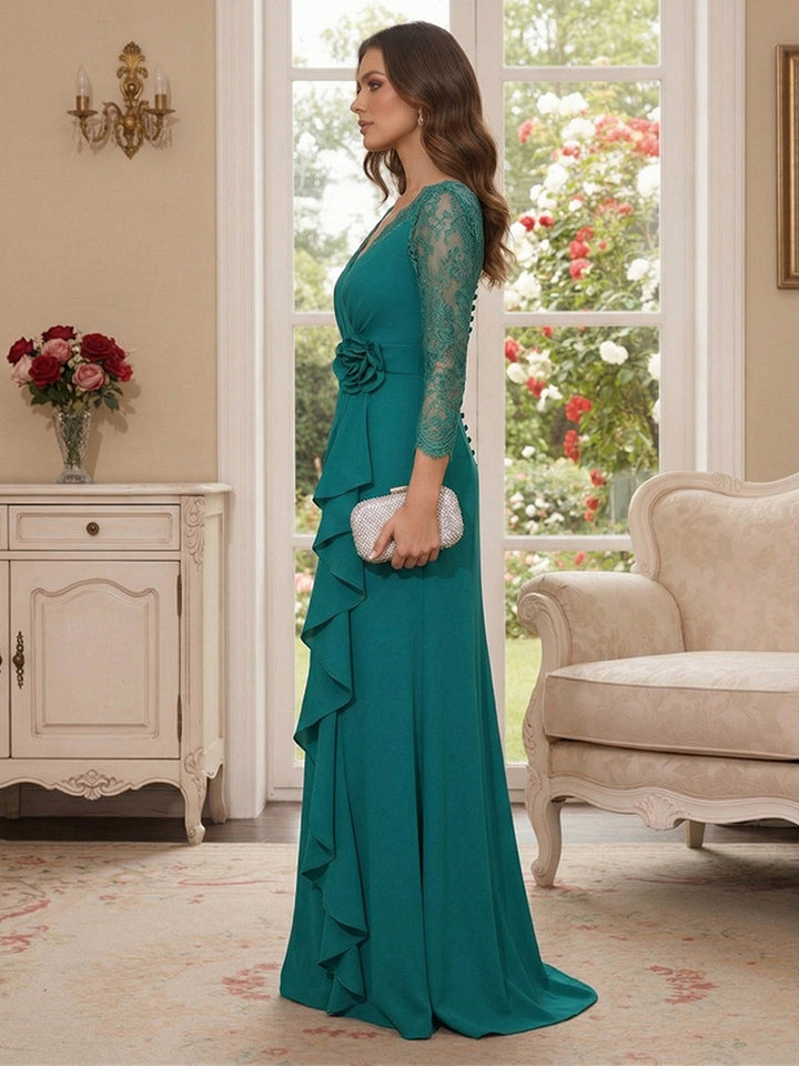 A-Line/Princess V-Neck 3/4 Sleeves Floor-Length Mother of the Bride Dresses with Ruffles &amp; Lace