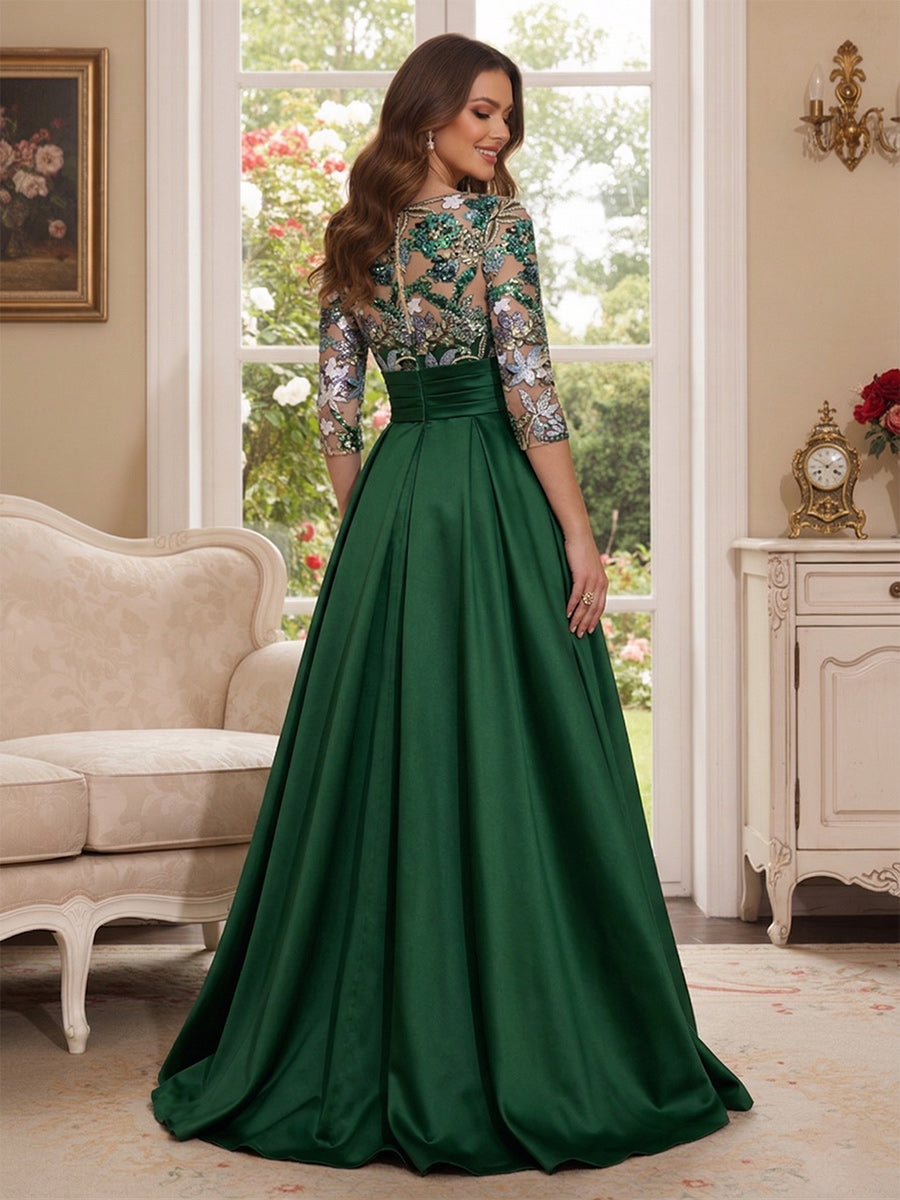A-Line/Princess Scoop 3/4 Sleeves Floor-Length Mother of the Bride Dresses with Applique &amp; Pleats