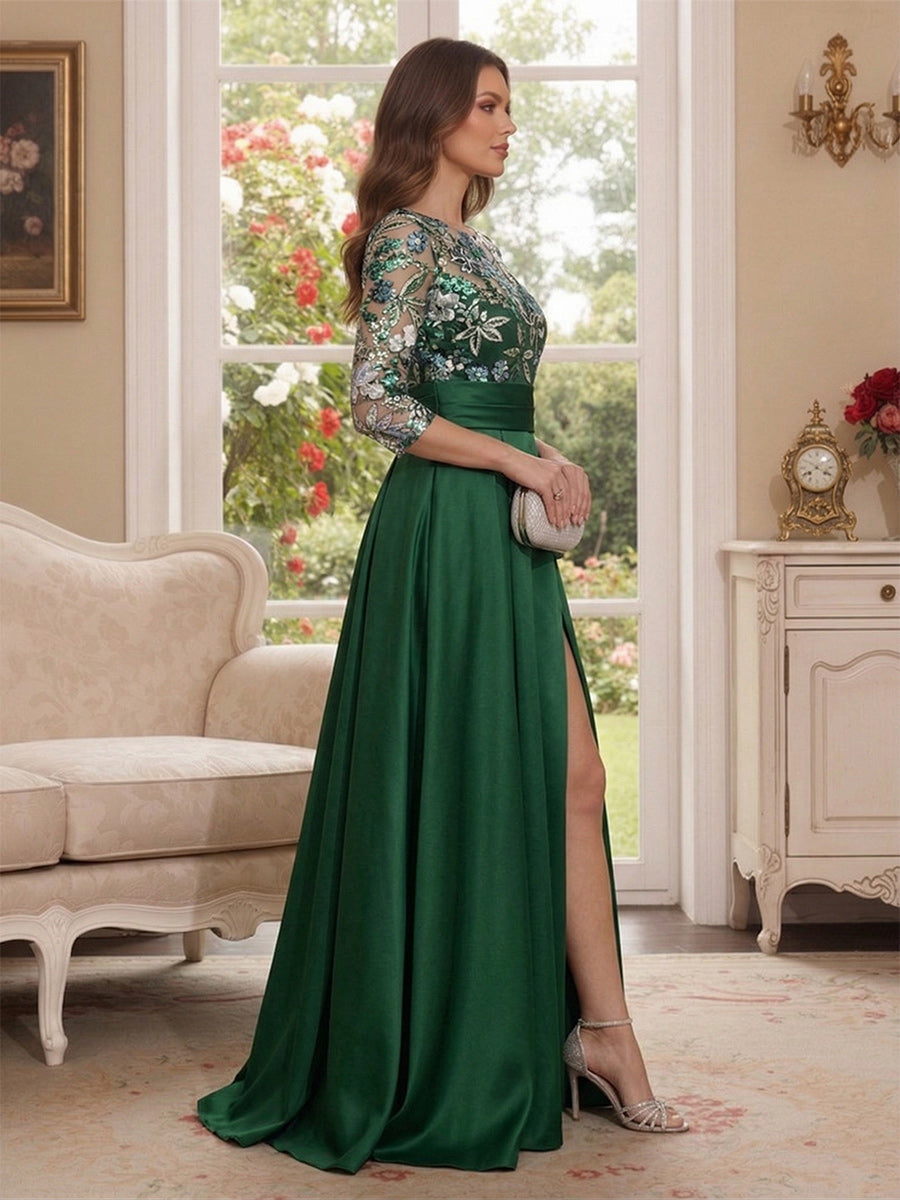 A-Line/Princess Scoop 3/4 Sleeves Floor-Length Mother of the Bride Dresses with Applique &amp; Pleats
