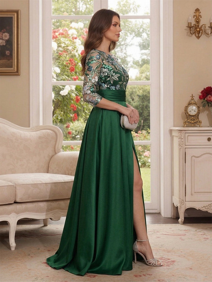 A-Line/Princess Scoop 3/4 Sleeves Floor-Length Mother of the Bride Dresses with Applique &amp; Pleats