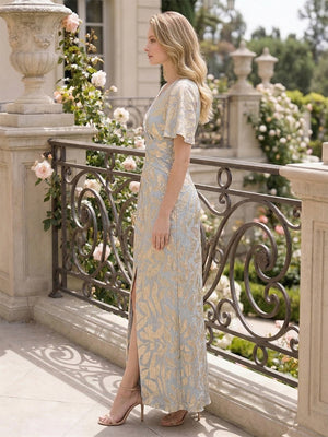 Sheath/Column V-Neck Short Sleeves Ankle-Length Mother of the Bride Dresses with Split Side & Ruched