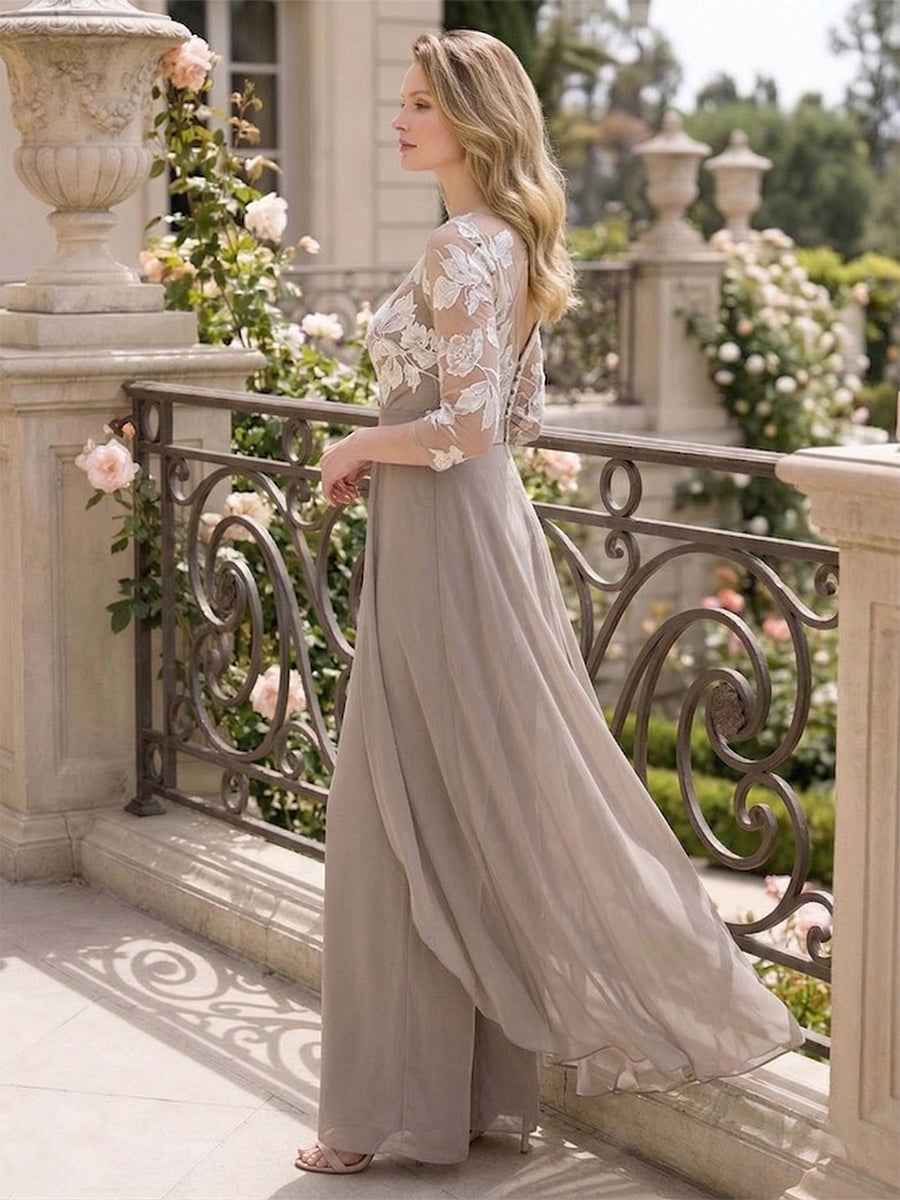 Jumpsuits Scoop 3/4 Sleeves Floor Length Mother of the Bride Dresses with Applique &amp; Lace