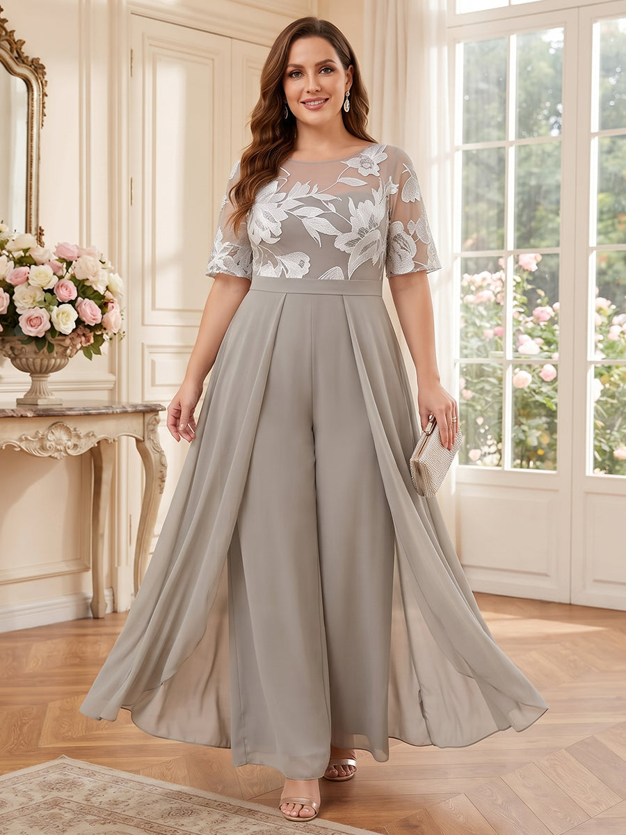 Jumpsuits Scoop 3/4 Sleeves Chiffon Floor-Length Plus Size Mother of the Bride Dresses with Applique &amp; Lace