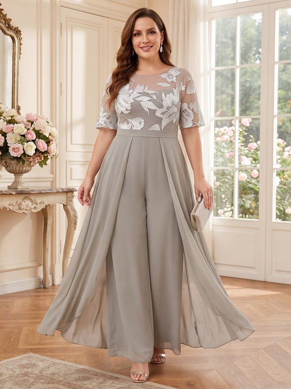 Jumpsuits Scoop 3/4 Sleeves Chiffon Floor-Length Plus Size Mother of the Bride Dresses with Applique & Lace