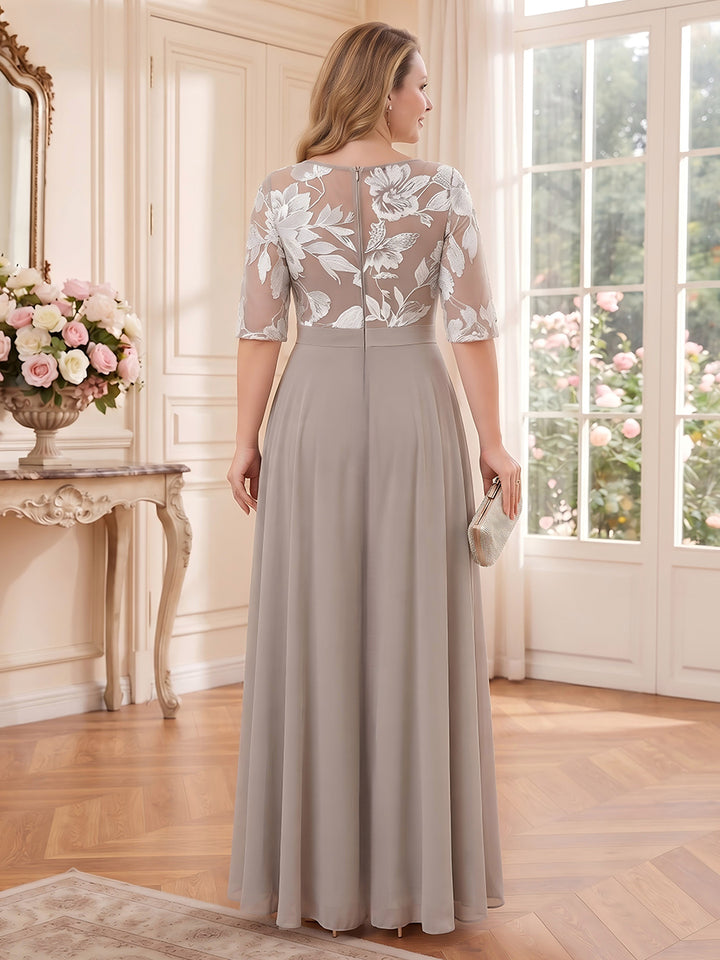 Jumpsuits Scoop 3/4 Sleeves Chiffon Floor-Length Plus Size Mother of the Bride Dresses with Applique &amp; Lace