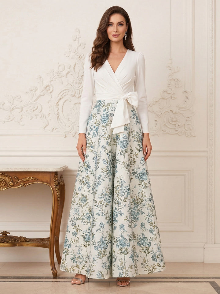 A-Line/Princess V-Neck 3/4 Sleeves Ankle-Length Mother of the Bride Dresses with Bowknot &amp; Ruched
