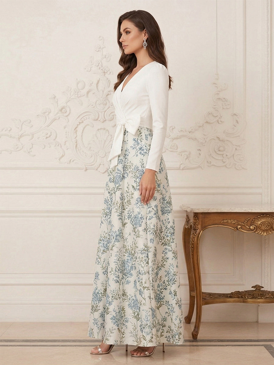 A-Line/Princess V-Neck 3/4 Sleeves Ankle-Length Mother of the Bride Dresses with Bowknot &amp; Ruched