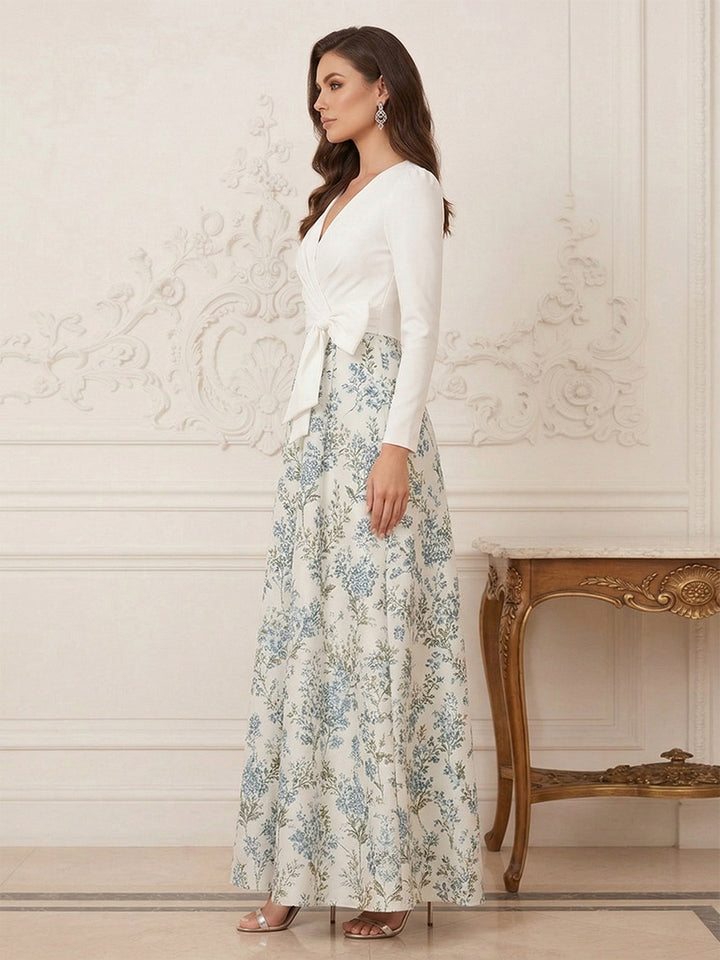A-Line/Princess V-Neck 3/4 Sleeves Ankle-Length Mother of the Bride Dresses with Bowknot &amp; Ruched