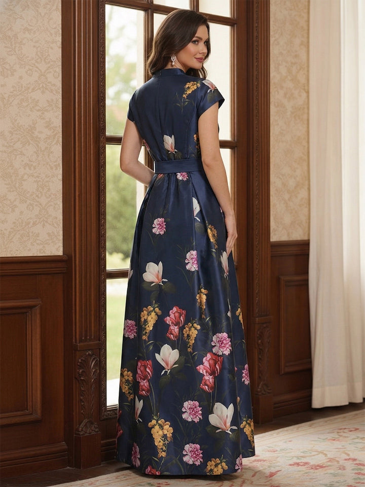 A-Line/Princess Short Sleeves V Neck Floor-Length Mother of the Bride Dresses with Pocket &amp; Split Side