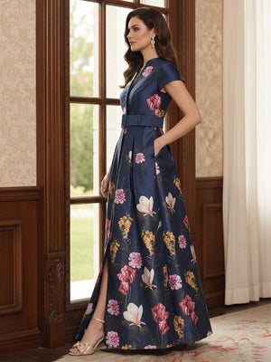 A-Line/Princess Short Sleeves V Neck Floor-Length Mother of the Bride Dresses with Pocket & Split Side